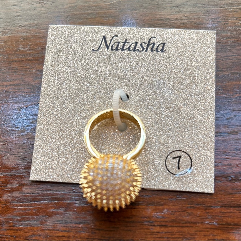 Natasha Couture Gold Textured Sphere Ring Size 7 New on Card